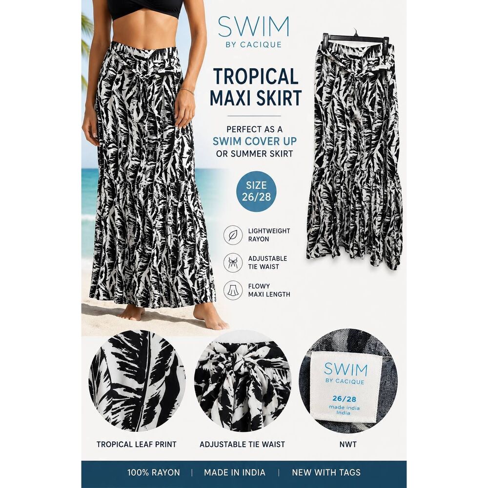 Swim by Cacique Tropical Leaf Print Maxi Skirt 26/28 NWT Rayon Beach Cover Up